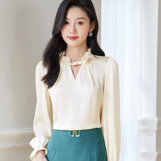 手工钉花缎面雪纺衫2024春装新款立领洋气小衫女衬衣0588 商品图1