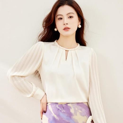 醋酸缎面雪纺衫女上衣2024春装新款小衫压皱长袖女衬衣8882 商品图4