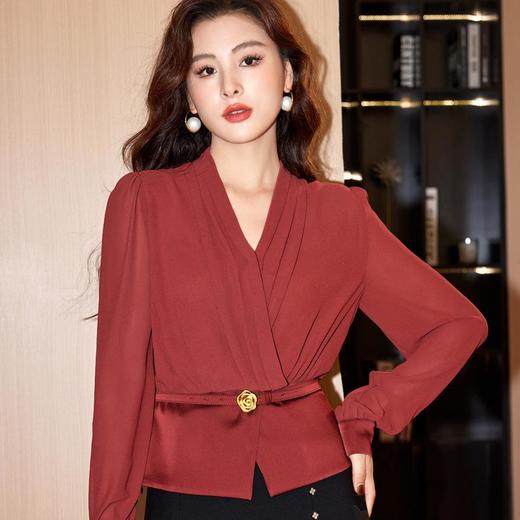 短款V领雪纺衫女上衣2024春装新款洋气小衫长袖女衬衣8899 商品图2