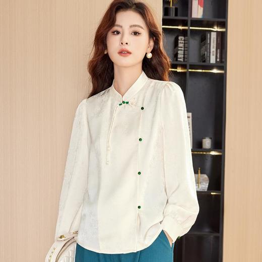 盘扣立领缎面提花雪纺衫2024春装新款洋气小衫长袖女衬衣8901 商品图1