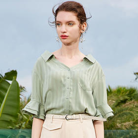 OLrain法式高级穿搭条纹雪纺衫女夏季2022年新款设计感荷叶袖衬衣