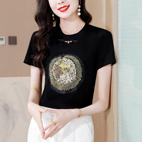 KQL-5922春季新品时尚打底衫百搭显瘦中国风短袖T恤圆领女士上衣