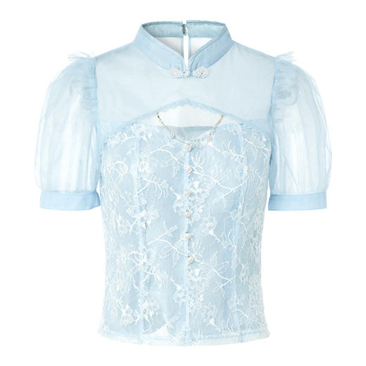 国风新中式网纱蕾丝雪纺衫夏季盘扣领仙美上衣女MS88TP255B00 商品图2