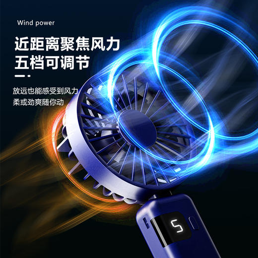 2025新款【挂脖手持小风扇 usb充电手持折叠风扇】五档风力 静音便携式 数显风扇 商品图2