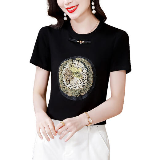 KQL-5922春季新品时尚打底衫百搭显瘦中国风短袖T恤圆领女士上衣 商品图4