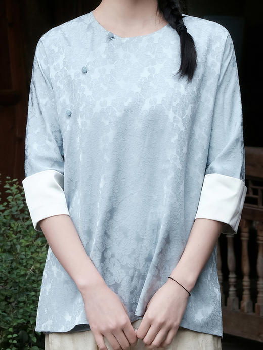 盛唐婧 |繁花丝麻提花中袖上衣 商品图6