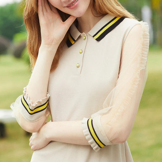 欧芮儿2019秋装新款七分袖连衣裙女 透视网纱拼接显瘦中长款A字裙 商品图2