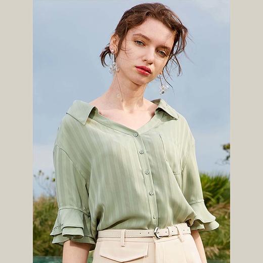 OLrain法式高级穿搭条纹雪纺衫女夏季2022年新款设计感荷叶袖衬衣 商品图1