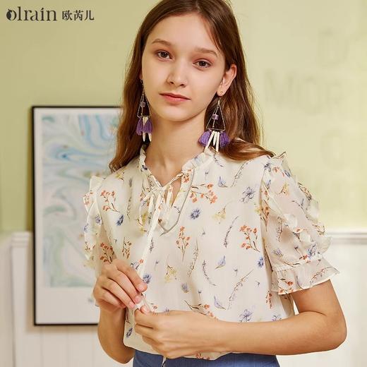 OLrain法式高级穿搭碎花雪纺衫女夏季2022新款系带木耳边甜美小衫 商品图0