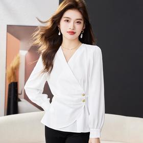 V领白色雪纺衫女上衣2024春装新款洋气小衫长袖女衬衣1771