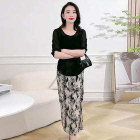 QYMXQD-70A2451-L24年夏款长款假两件时尚拼接连衣裙五分袖收腰显瘦通勤洋气A字裙