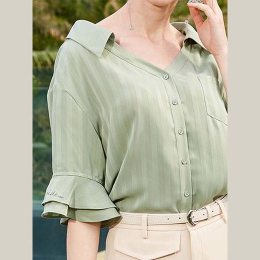 OLrain法式高级穿搭条纹雪纺衫女夏季2022年新款设计感荷叶袖衬衣 商品图3