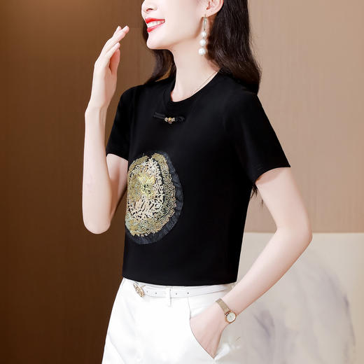 KQL-5922春季新品时尚打底衫百搭显瘦中国风短袖T恤圆领女士上衣 商品图1