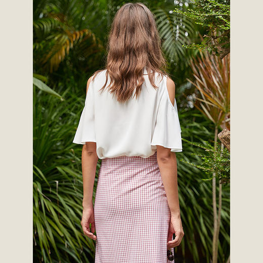 OLrain法式高级穿搭白色雪纺衬衫女夏季2022年新款荷叶边露肩衬衣 商品图4