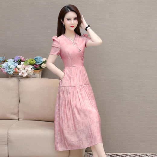 复古改良中式连衣裙夏季短袖高腰裙时尚气质印花中长款A字裙 商品图1