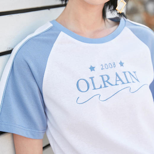 OLrain法式高级穿搭撞色短袖T恤女夏季宽松字母刺绣上衣 商品图3