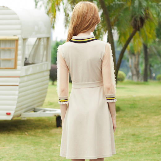 欧芮儿2019秋装新款七分袖连衣裙女 透视网纱拼接显瘦中长款A字裙 商品图3