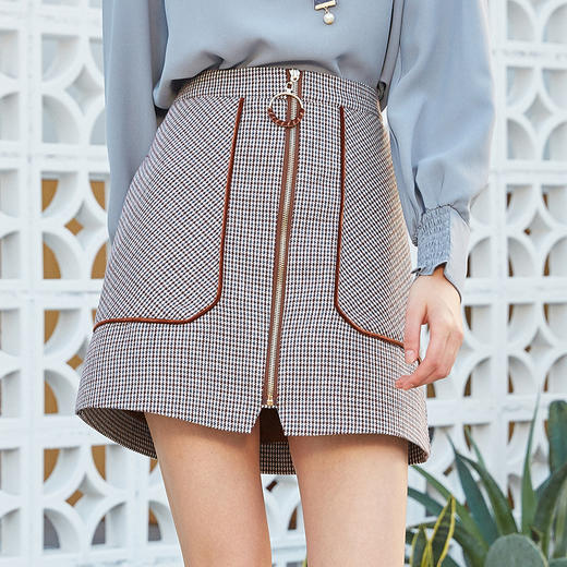 欧芮儿2023秋装新款女装夏装千鸟格半身裙女拉链格子a字裙包臀裙 商品图4