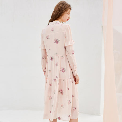 欧芮儿2023春装新款刺绣雪纺连衣裙女 修身长袖蝴蝶结中长款A字裙 商品图3
