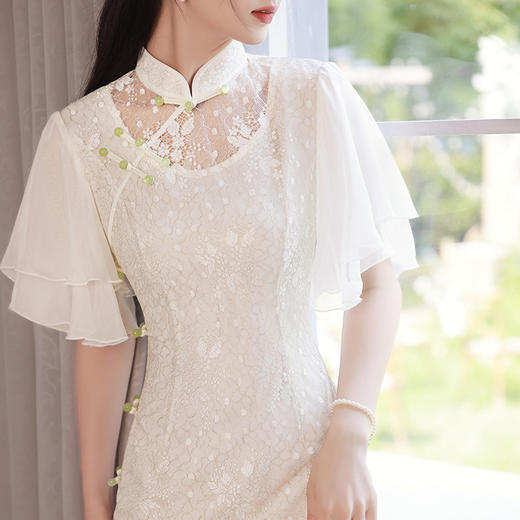 夏季白蕾丝改良复古休闲温柔系喇叭荷叶袖长款旗袍连衣裙 XL853 商品图5