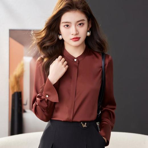 红色雪纺衫女上衣2024春装新款立领洋气小衫长袖女衬衣1782 商品图0