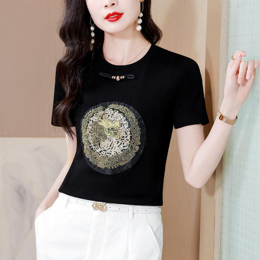 KQL-5922春季新品时尚打底衫百搭显瘦中国风短袖T恤圆领女士上衣 商品图2
