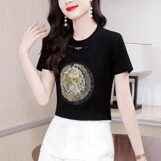 KQL-5922春季新品时尚打底衫百搭显瘦中国风短袖T恤圆领女士上衣 商品图3