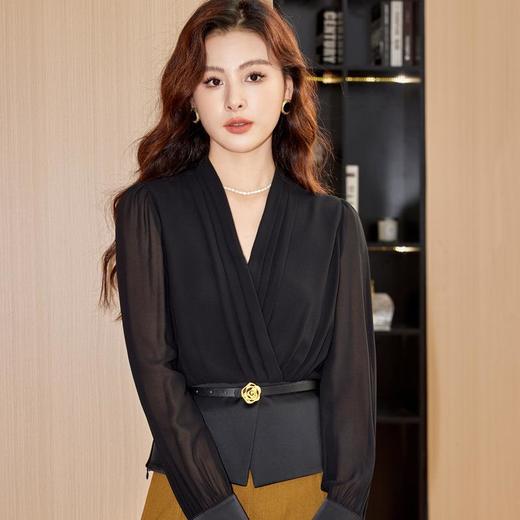 短款V领雪纺衫女上衣2024春装新款洋气小衫长袖女衬衣8899 商品图4