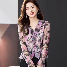 荷叶边碎花雪纺衫女2024春装新款洋气小衫长袖女衬衣1765