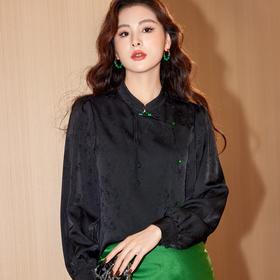 盘扣立领缎面提花雪纺衫2024春装新款洋气小衫长袖女衬衣8901