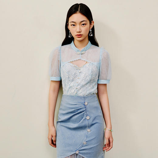 国风新中式网纱蕾丝雪纺衫夏季盘扣领仙美上衣女MS88TP255B00 商品图0
