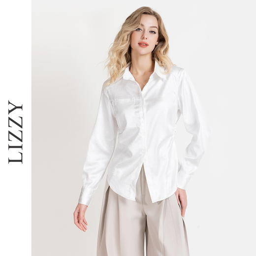 LIZZY 早秋时尚摩登翻领垫肩暗纹修身气质长袖衬衫7983 商品图0