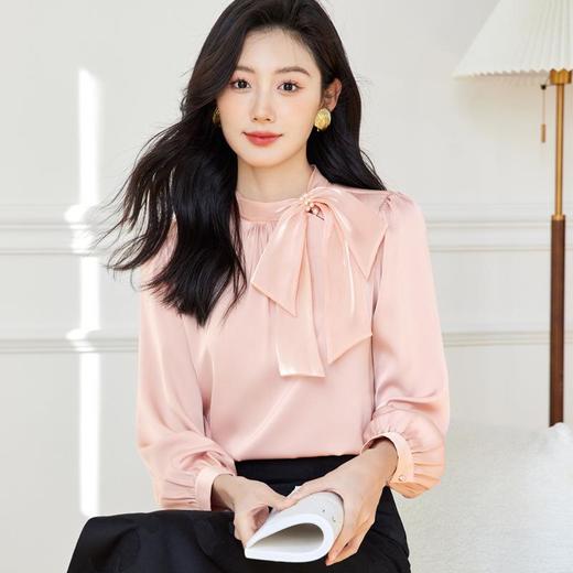 立领蝴蝶结雪纺衫上衣2024春装新款洋气小衫长袖女衬衣0593 商品图1