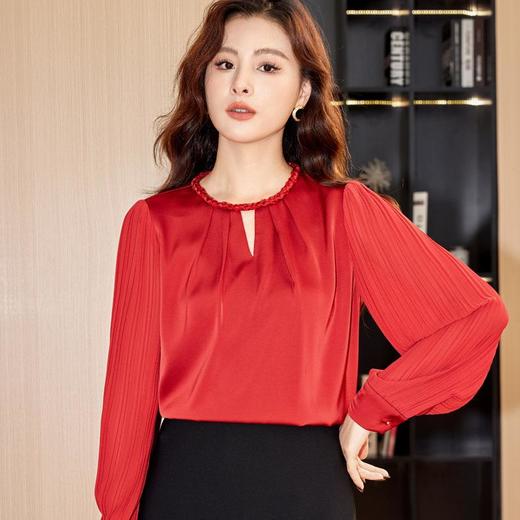 醋酸缎面雪纺衫女上衣2024春装新款小衫压皱长袖女衬衣8882 商品图1
