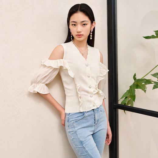 温柔浪漫氛围感露肩拼接套头针织秋季修身上衣女MS88SW530A20 商品图0