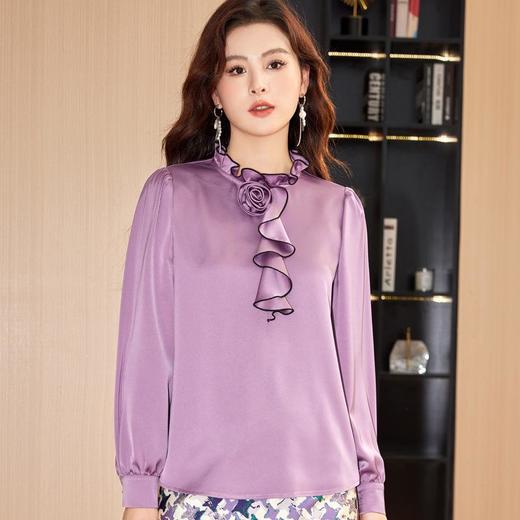 立领缎面雪纺衫女上衣2024春装新款洋气小衫长袖女衬衣8887 商品图4