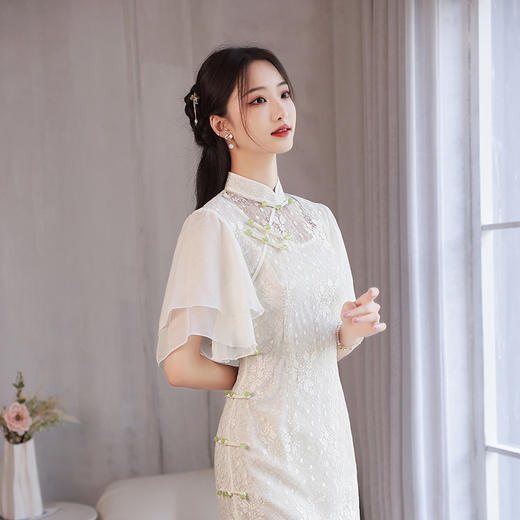 夏季白蕾丝改良复古休闲温柔系喇叭荷叶袖长款旗袍连衣裙 XL853 商品图2