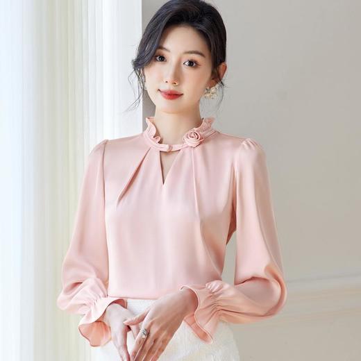 手工钉花缎面雪纺衫2024春装新款立领洋气小衫女衬衣0588 商品图2