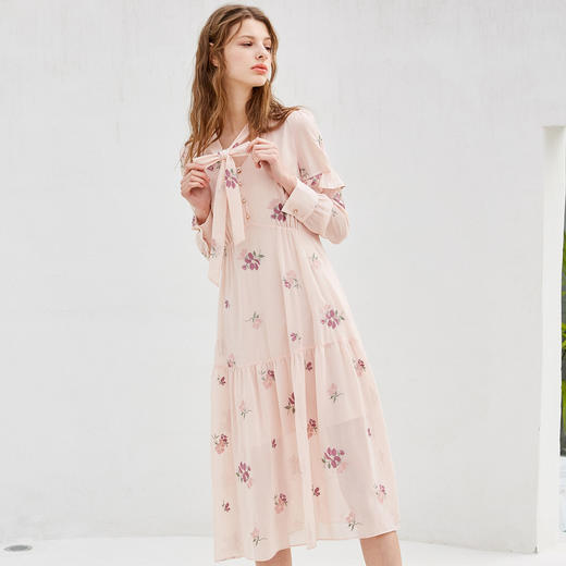 欧芮儿2023春装新款刺绣雪纺连衣裙女 修身长袖蝴蝶结中长款A字裙 商品图1