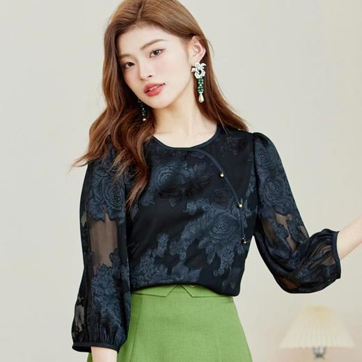 国风款圆领雪纺衫2024春装新款七分袖小衫刺绣女衬衣1820 商品图2