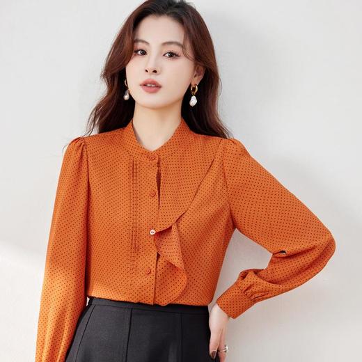 立领荷叶边雪纺衫2024春装新款波点洋气小衫长袖女衬衣8889 商品图2