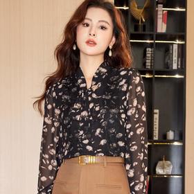碎花雪纺衫女上衣2024春装新款时尚洋气小衫长袖女衬衣8902