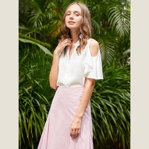 OLrain法式高级穿搭白色雪纺衬衫女夏季2022年新款荷叶边露肩衬衣 商品图1