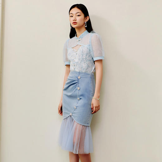 国风新中式网纱蕾丝雪纺衫夏季盘扣领仙美上衣女MS88TP255B00 商品图1