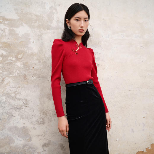 国风新中式复古套头针织毛衫23秋冬新款修身盘扣领上衣女MS88SW527R50 商品图1
