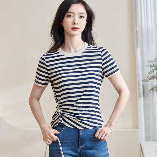 【剩S/M】米思阳2025时尚休闲条纹T恤褶皱纯棉高级感短袖宽松弹力上衣0565 商品图0