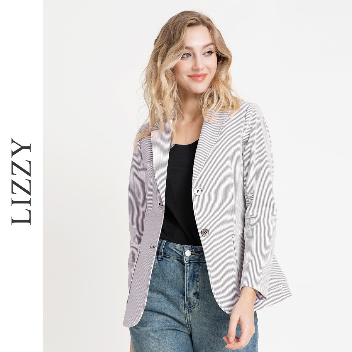 LIZZY早秋 休闲商务欧美街头潮流条纹简约通勤西装外套7922
