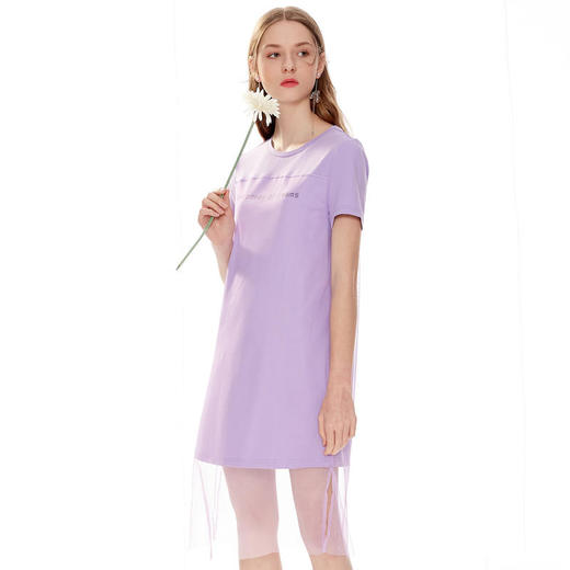 欧芮儿夏装女装字母印花t恤连衣裙女中长款拼接网纱女裙 商品图1