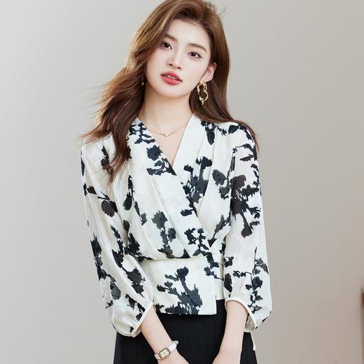 七分袖印花雪纺衫上衣2024春夏新款V领洋气小衫女衬衣1850 商品图1