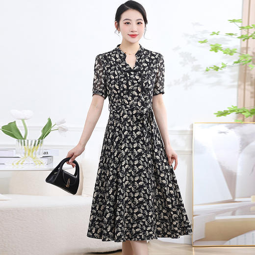 QYM DQ4927-L显瘦修身时尚碎花大摆裙V领休闲雪纺连衣裙 商品图1